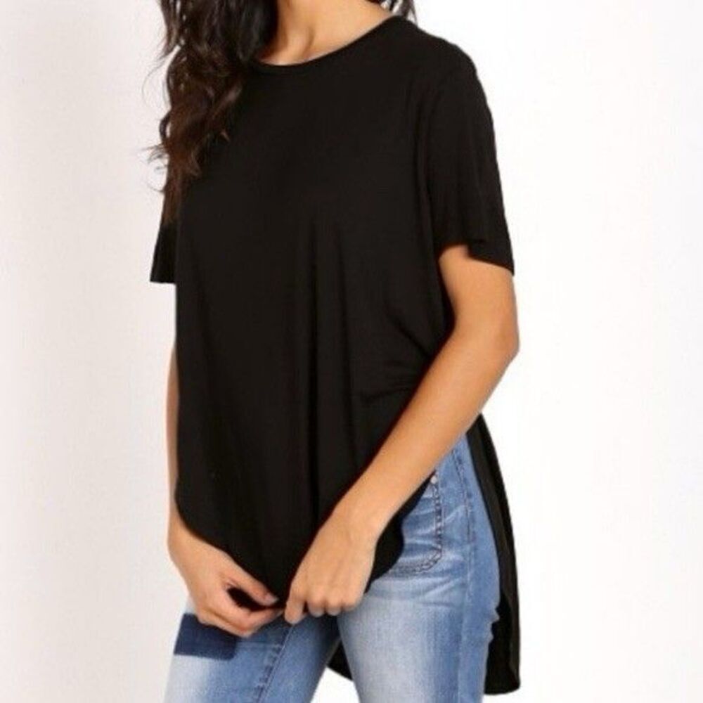 JOAH BROWN Black Short Sleeve Modal T-Shirt One Size Split Open Sides Lagenlook